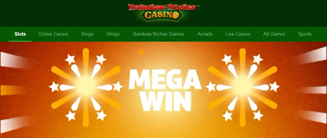 Rainbow Riches Casino free games page showing Daily Rainbows, monthly free-game and Slot Masters features