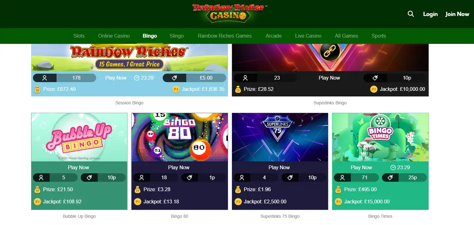 Rainbow Riches Casino online bingo page showing current bingo formats
