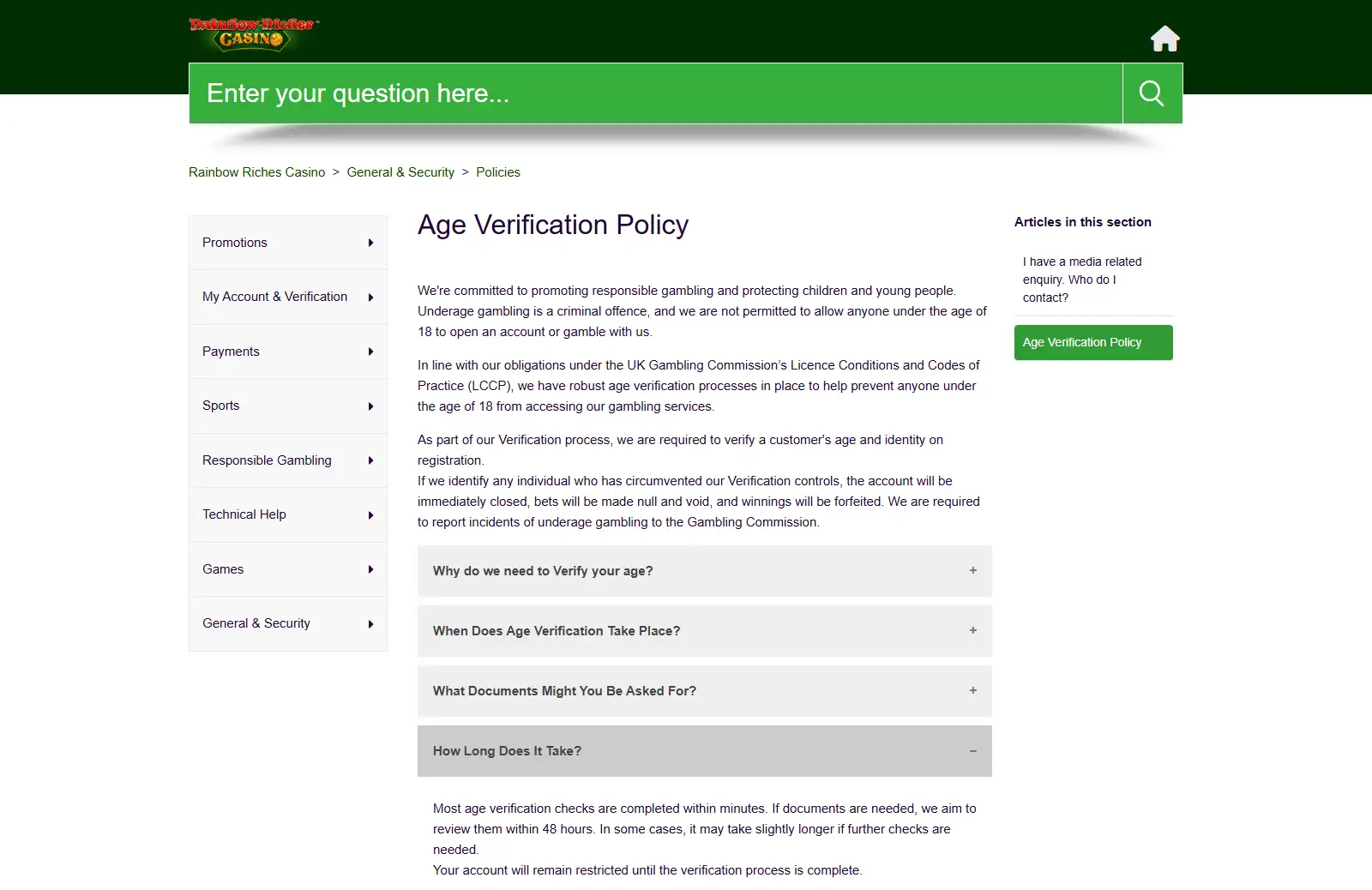 Rainbow Riches Casino Age Verification Policy showing document examples and review timing
