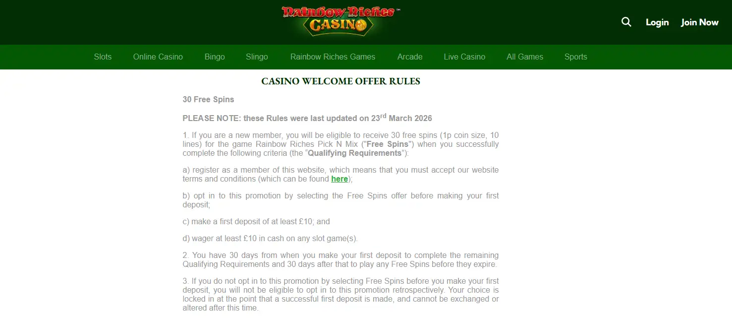 Rainbow Riches Casino welcome offer rules page showing the 30 Free Spins qualification steps