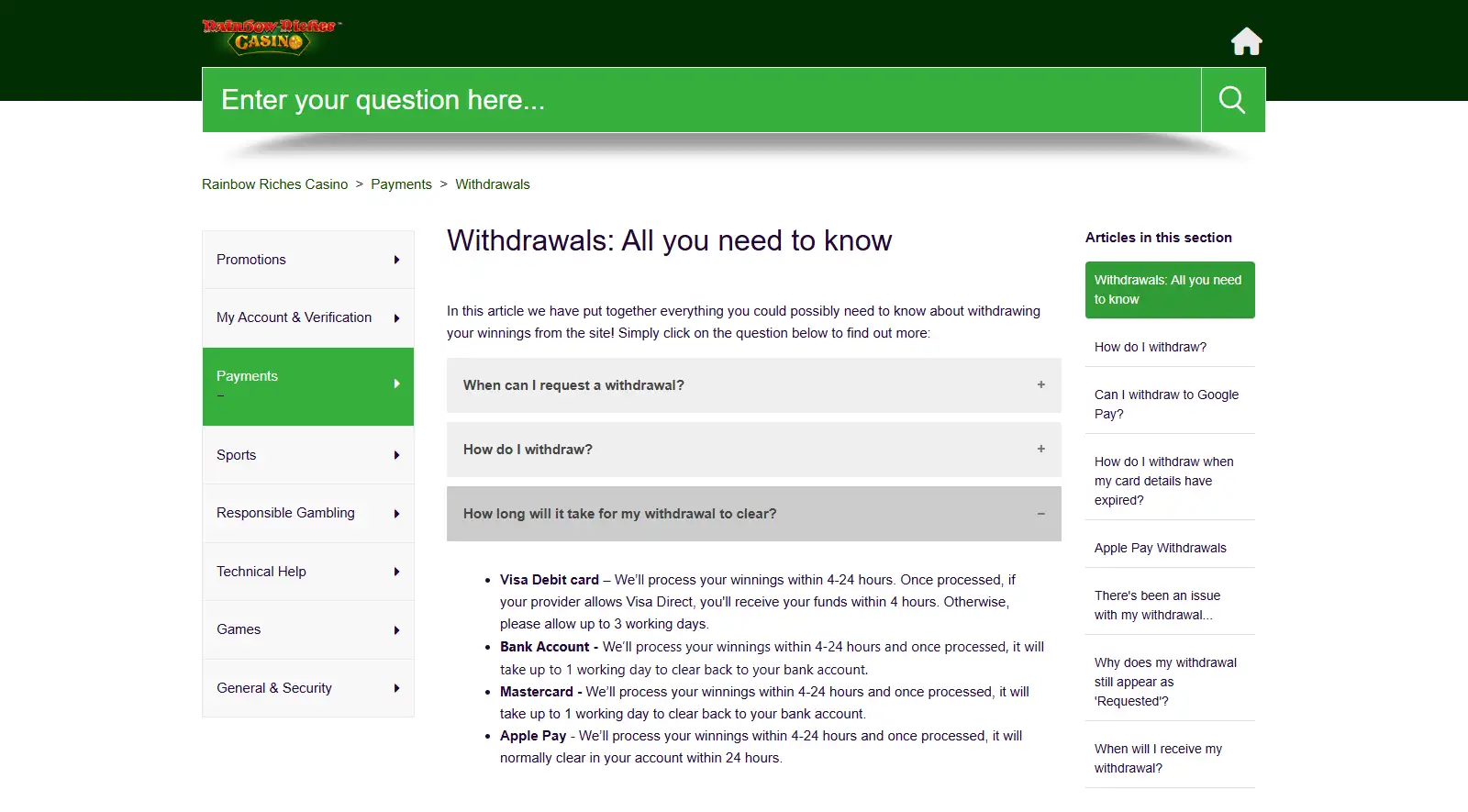 Rainbow Riches Casino official withdrawal help table showing methods and limits