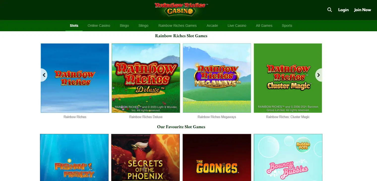 Rainbow Riches Casino games lobby with category navigation and slot titles