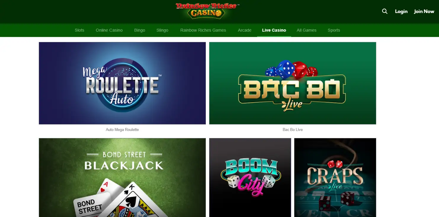 Rainbow Riches Casino live dealer lobby with roulette and blackjack categories