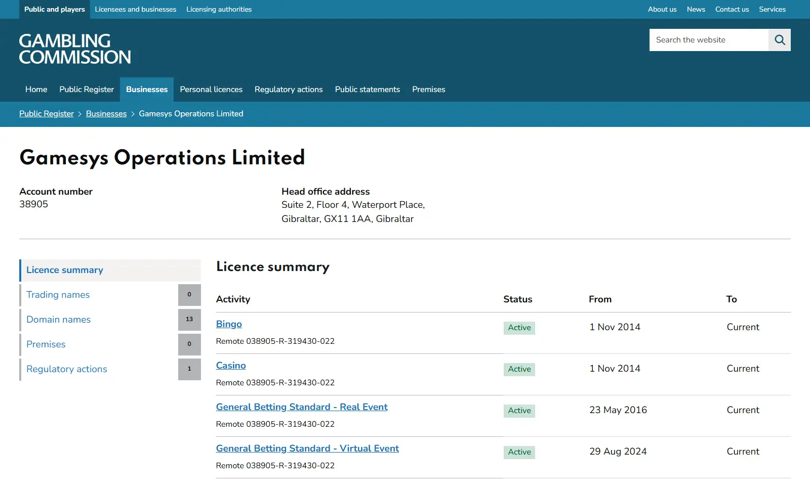 UK Gambling Commission register entry for Gamesys Operations Limited showing active remote licences