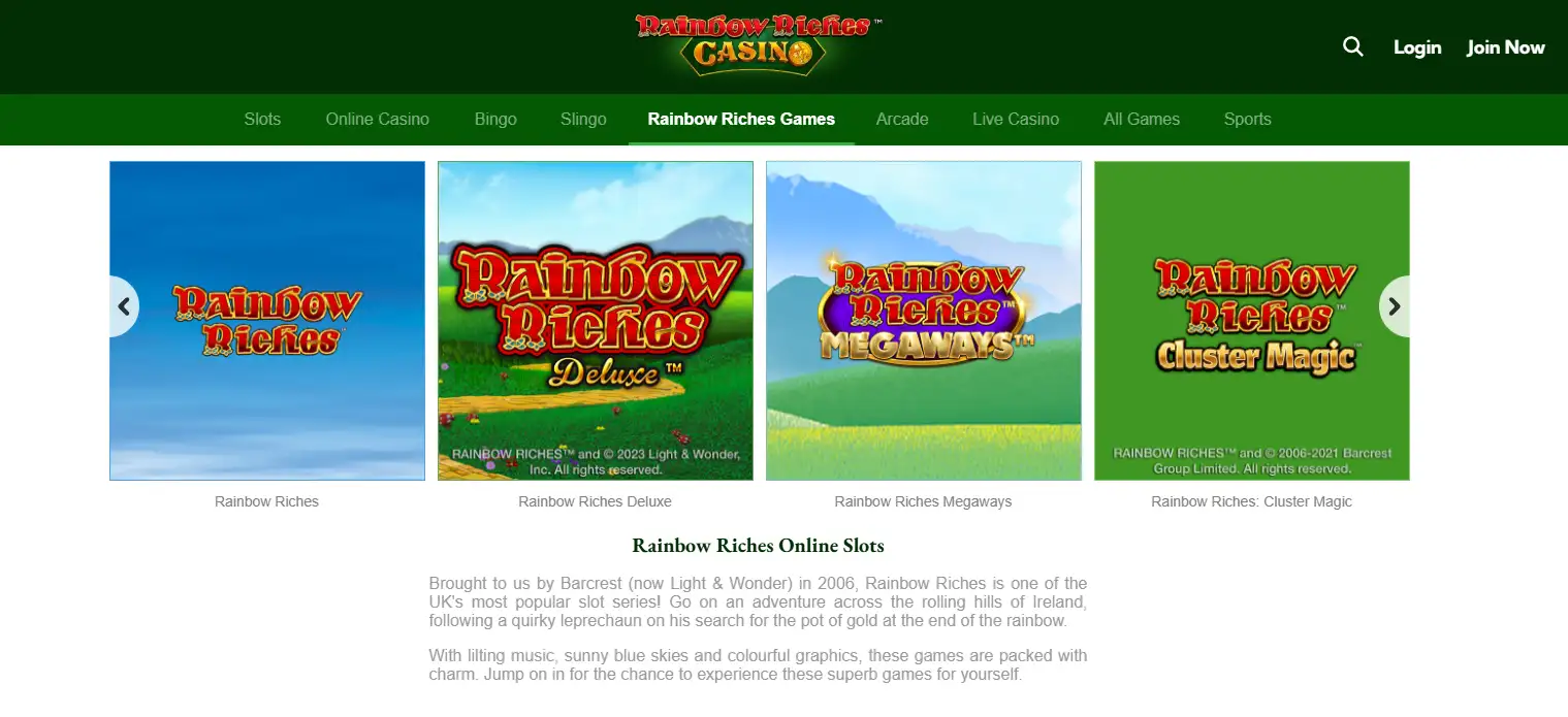 Rainbow Riches Casino slot catalogue showing multiple Rainbow Riches-branded games
