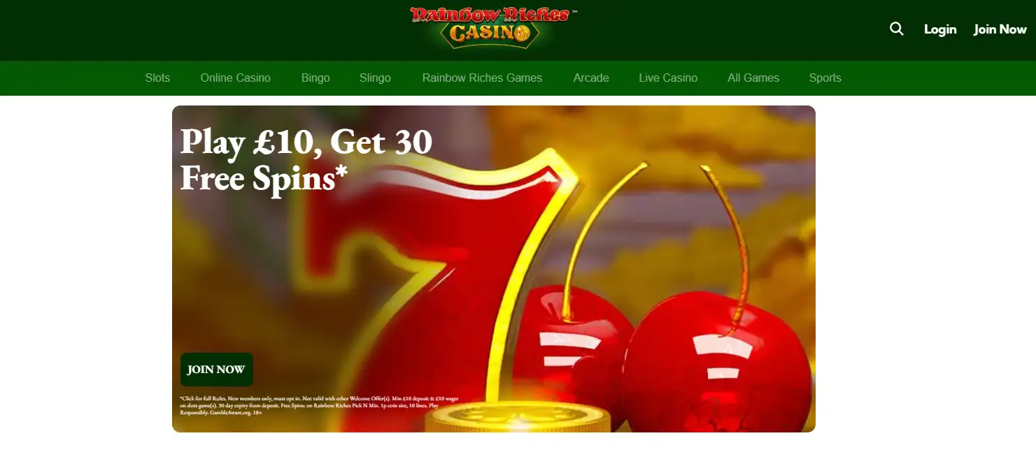 Rainbow Riches Casino UK homepage showing the current welcome offer